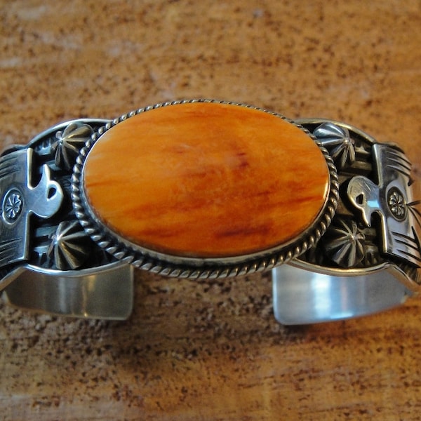 Native American Made Spiny Oyster and Sterling Silver Cuff Bracelet by Andy Cadman