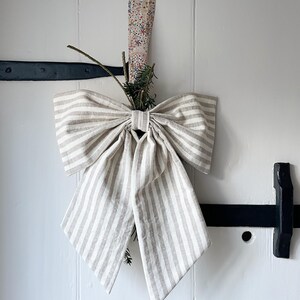 Linen Oversized Christmas Bow Natural Stripe | Bow Decoration | Bow Tree Topper