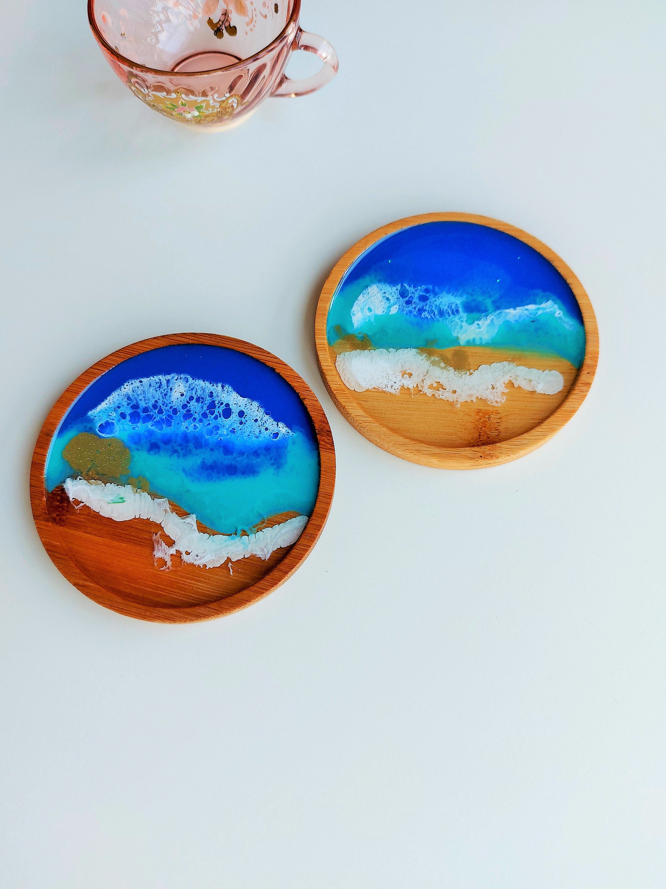 OCEAN themed Resin on Wood COASTERS set of 2pcs/ Ocean Etsy
