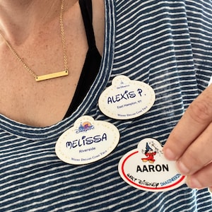 May include: Three Disney name tags with the names Alexis, Melissa, and Aaron. The name tags are oval-shaped with a white background and a red border. The image also shows a gold bar necklace and a blue and white striped shirt.