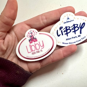 May include: Two oval-shaped name tags with the name "Libby". One tag features a pink castle graphic and the text "The Most Magical Place on Earth". The other tag has the text "Where Dreams Come True".