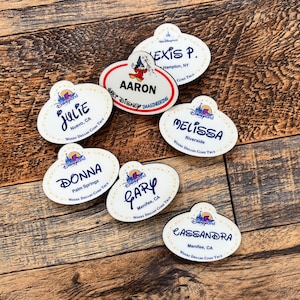 May include: A collection of oval-shaped Disneyland name tags with names like Julie, Donna, and Gary. Each tag has a Disneyland logo and the text "Where Dreams Come True." The tags are on a wooden surface.