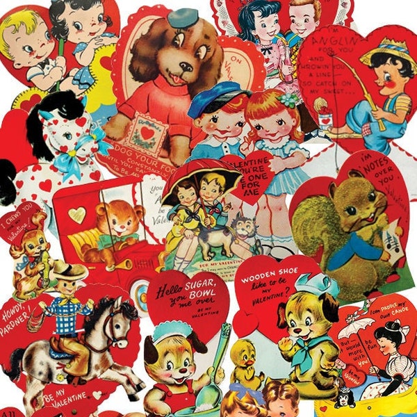 Retro children's Valentines vintage printables 5 sheets, instant digital download, cats, dogs, DIY design, junk journal, tags, heart, love