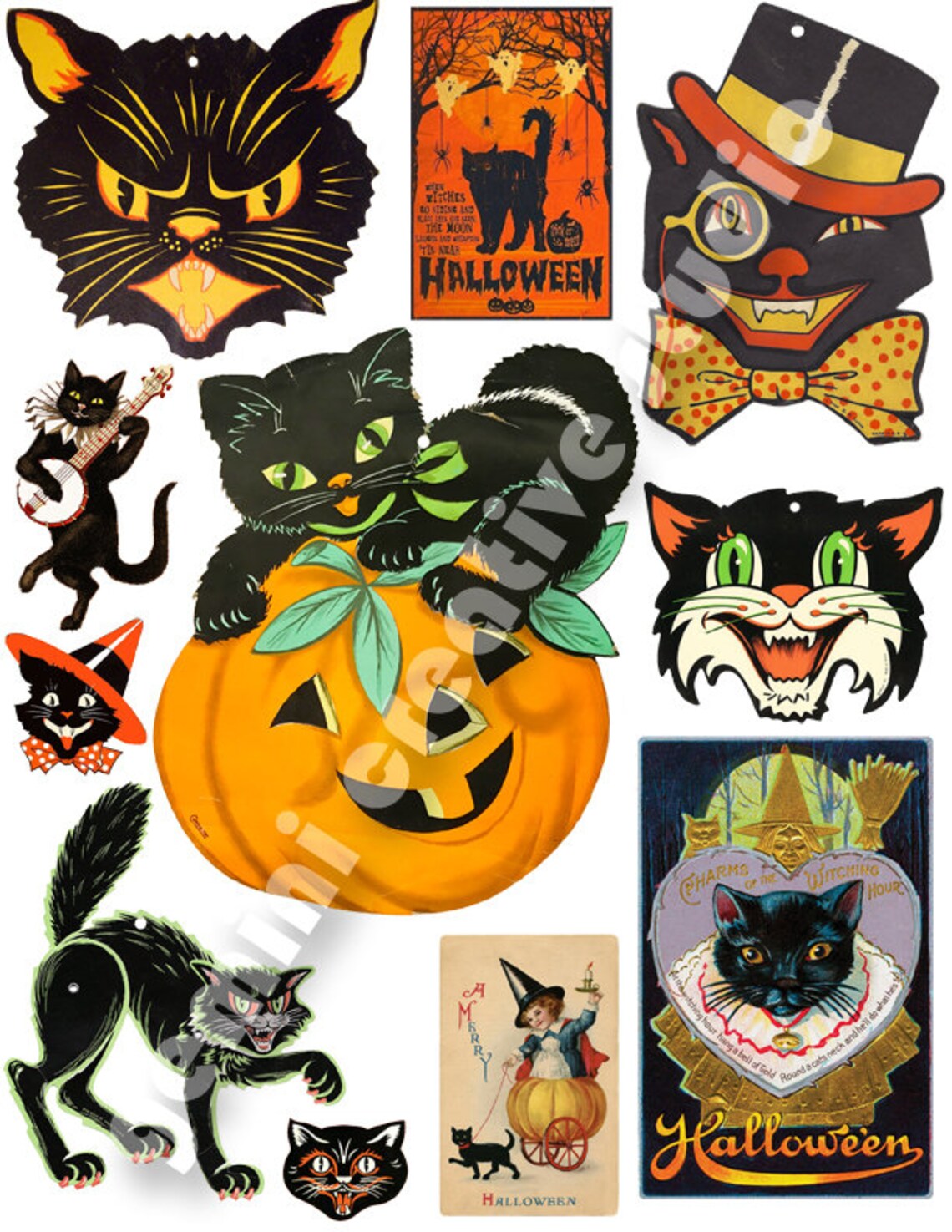 Halloween retro vintage black cats digital download DIY | Etsy