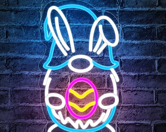 Easter Bunny Neon Sign Easter Neon Light for Room Decor Easter Decorations Easter Gift,Happy Easter Neon Sign for Girls Kids Bedroom Decor