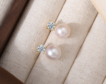 Freshwater Diamond Pearl Drop Earrings 18K Gold Plated Pearl Earrings,Women Diamond Silver Earrings Bridesmaid Gifts for Mom Stud Earrings