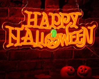Happy Halloween Sign,LED Halloween Neon Sign,Light Up Pumpkin Halloween Room Decor Neon Light Sign,Neon Signs for Wall Decor-15.8*6.3 inch