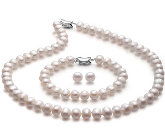 Collana di perle d'acqua dolce Set di orecchini Set di gioielli di perle autentiche Bracciale Orecchini a bottone Collana di perle vere per la festa della mamma, San Valentino