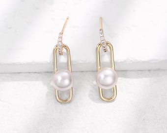 Freshwater Pearl Earrings,14K Gold Paperclip Earrings,Bridesmaid Gifts,Wedding Jewelry,Pearl Jewelry,Wedding Bridal Earrings,Christmas Gifts