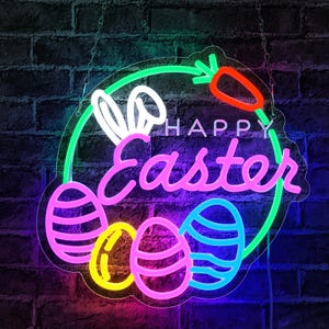 Letrero de neón de Feliz Pascua, letrero de neón de huevo de Pascua, letrero de neón de conejo, regalos del día de Pascua para niños y niñas, letrero de neón de conejito para decoración de pared, decoración del hogar de Pascua