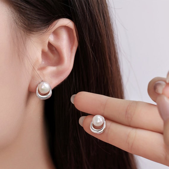 8mm Freshwater Pearl Earrings for Women,925 Silver Mobius