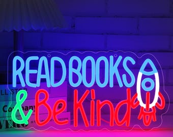 Read Books Be Kind Neon Sign Rocket Neon Light Student LED Neon Light Neon Light Up Sign for Classroom Bookstore Library Museum Study Room