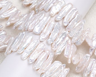 Abalorios de perlas grandes blancas de agua dulce, perlas de palo perforadas largas, perlas de agua dulce Biwa blancas naturales, perlas de pipa cultivadas reales, hebra completa