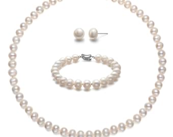Conjunto de joyería con collar de perlas para mujeres y niñas, conjunto de perlas de agua dulce de plata 925, joyería para cumpleaños, bodas, día de la madre, regalos para mamá, novia y esposa.