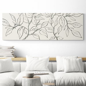 Large Minimalist Wall Art Print Horizontal Line Art Decor Oversized Canvas Over Bed Bedroom Decor Leaves Drawing Long Narrow Wide Wall Art