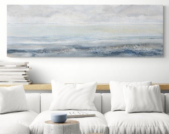 Gray Calm Landscape Canvas Ocean Lake Prints Original Watercolor Painting Print Long Narrow Horizontal Wall Art Above Bed Decor For Bedroom