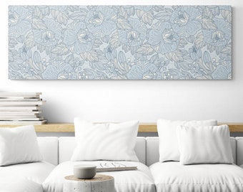 Coastal Blue Cream White Floral Design Extra Large Long Narrow Horizontal Canvas Wall Art Prints Over the Couch Farmhouse Artwork Panoramic