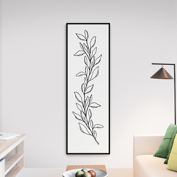 Line Leaves Botanical Wall Decor Vertical Long Skinny Wall Art, Canvas Wall Art Prints Narrow Long Tall Slender Black and White Room Decor