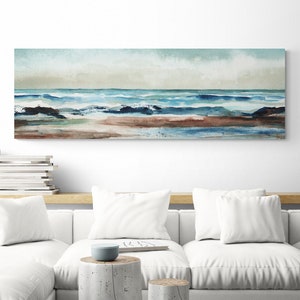 Coastal Beach Landscape Watercolor Long Narrow Horizontal Canvas Wrapped Wall Art Over Bed Bedroom Wall Decor Extra Large Panoramic Artwork