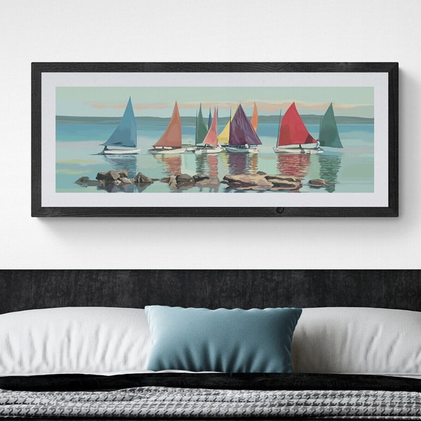 Printable Wall Art Sailboats Print Coastal Artwork 12x36 Long Horizontal Narrow Digital Download Decor Modern Beach Panoramic Printable Art