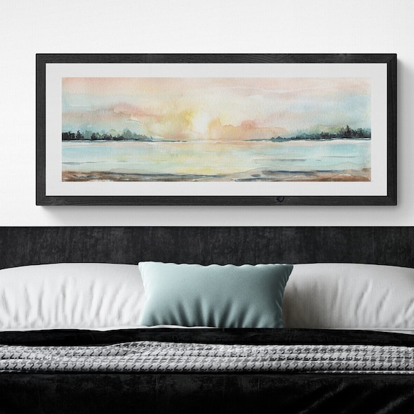 Calming Horizontal Wall Art Digital, Printable Sunrise Lake Wide Wall Art, 12x36 Long Narrow Printable Art, Above Bed Decor,Instant Download