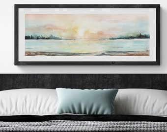 Calming Horizontal Wall Art Digital, Printable Sunrise Lake Wide Wall Art, 12x36 Long Narrow Printable Art, Above Bed Decor,Instant Download