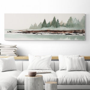 Wall Art Living Room Nature Canvas Wraps Long Narrow Oversize Horizontal Pine Trees Calm Coastal Lake House Wall Decor Rustic Above Bed Art