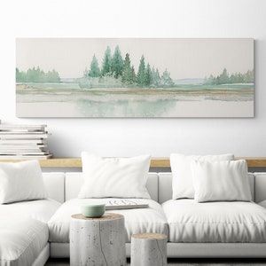 Calming Lake Oversized Horizontal Wide Long Narrow Canvas Wrap Wall Art Prints Above Bed Decor Original Artwork Evergreen Trees Landscape