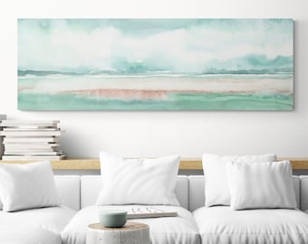 Above Bed Art Bedroom Landscape Mint Green Dreamy Extra Large Long Narrow Horizontal Canvas Wall Art Print Calm Water color Painting Artwork