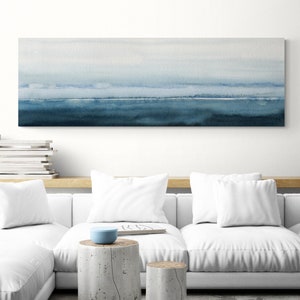 Large Coastal Wall Hanging Horizontal Long Narrow Canvas Wall Art Prints Denim Navy Blue Watercolor Painting Beach House Cottage Room Decor