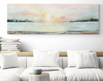 Horizontal Long Narrow Oversized Canvas Wall Art Print Above Couch Fireplace Living Room Decor Pastel Coastal Artwork Seaside Watercolor Art