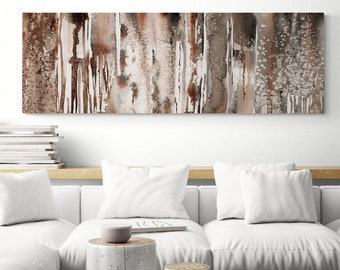 Abstract Long Narrow Horizontal Brown Neutral Beige Canvas Wall Art Prints Above Bed Decor Oversized Rectangular Original Living Room Decor