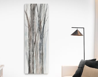 Forest Woods Trees Tall Long Narrow Vertical Large Canvas Art, Grey Gray Neutral Oversized Wall Art Rustic Lake House Nature Home Room Decor