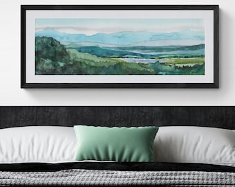 Horizontale Wandkunst Digital, Druckbare horizontale Berge Wandkunst, 12x36 lange schmale druckbare Kunst, Überbett Dekor, Sofortige Geschenkidee Kunst