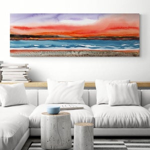 Colorful Beach Ocean Large Horizontal Narrow Long Original Artwork Canvas Wall Art Print Coastal Above Couch Panoramic Living Room Art Decor