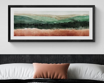 Horizontale Wandkunst, Landschaftsmalerei, 12 x 36 cm lange, schmale druckbare Wandkunst, Instant Art, Schlafzimmerwandkunst, Bergsee-Dekor