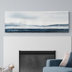 Abstract Landscape Canvas Print Long Narrow Horizontal Wall Art, Above Bed Decor, Oversized Rectangular Wall Decor Minimal Indigo Blue Art