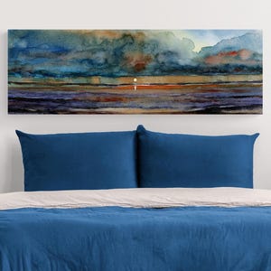 Beach Wall Art Long Narrow Wide Horizontal Orientation, Colorful Wall Art Beach Watercolor Canvas Print,Behind Bed Wall Decor Over Fireplace