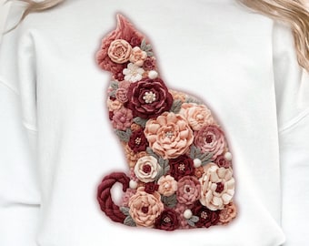 PNG Floral Katze Kunstgarn häkeln Stickerei Patch Frühlingsblumen Katzenliebhaber Geschenk Clip Art