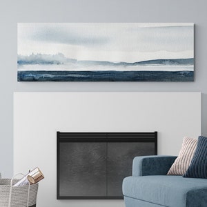 Abstract Landscape Canvas Print Long Narrow Horizontal Wall Art, Above Bed Decor, Oversized Rectangular Wall Decor Minimal Indigo Blue Art
