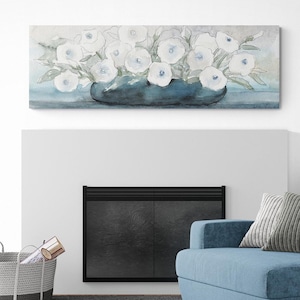 Floral Abstract Painting Large Canvas Wall Art Long Narrow Horizontal Oversized Wall Hanging, Over the Bed Wall Room Decor Farmhouse Flower