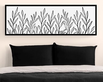 Large Long Wide Horizontal Canvas Wall Art Black White Botanical Leaves,Above Bed Decor Narrow Wall Hanging Boho Bedroom Living Room Artwork