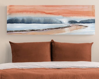 Bedroom Wall Decor Over the Bed,Long Narrow Horizontal Orange White Canvas Wall Art Print, Winter Watercolor Landscape Home Room House Decor