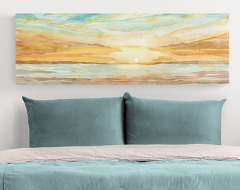 Rectangular Horizontal Wall Art Print Lake House Decor,Over the Bed Wall Beach Sunset Canvas Yellow Above Couch Long Narrow House Room Decor