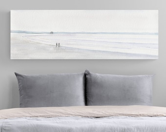 White Wide Long Narrow Horizontal Large Canvas Wall Art, Minimalist Beach Ocean Landscape Print, Over the Bed Wall Decor, Over the Fireplace