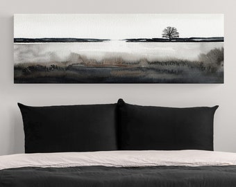 Original Abstract Painting Modern Black and White Oversized Canvas Prints Tree Wall Art, Over the Bed Wall Decor Long Horizontal Room Decor