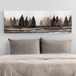 Rustic Bedroom Wall Decor Over the Bed Long Narrow Horizontal Wall Art, Mountain Forest Canvas Neutral Wall Decor, Watercolor Landscape Home