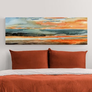 Abstract Landscape Colorful Watercolor Painting Canvas Print, Above Bed Decor,Long Narrow Horizontal Oversize Panoramic Wall Art 20x60 12x36