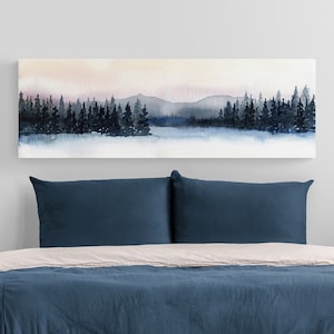 Lake House Decor Horizontal Wall Art, Watercolor Art Extra large Canvas Trees Landscape, Over the Bed Wall Decor, Rustic Mountain Home Decor