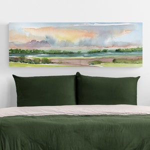 Bedroom Wall Decor Over the Bed, Horizontal Wide Long Narrow Canvas Original Watercolor Panoramic Country Clouds Sky Landscape Home Decor